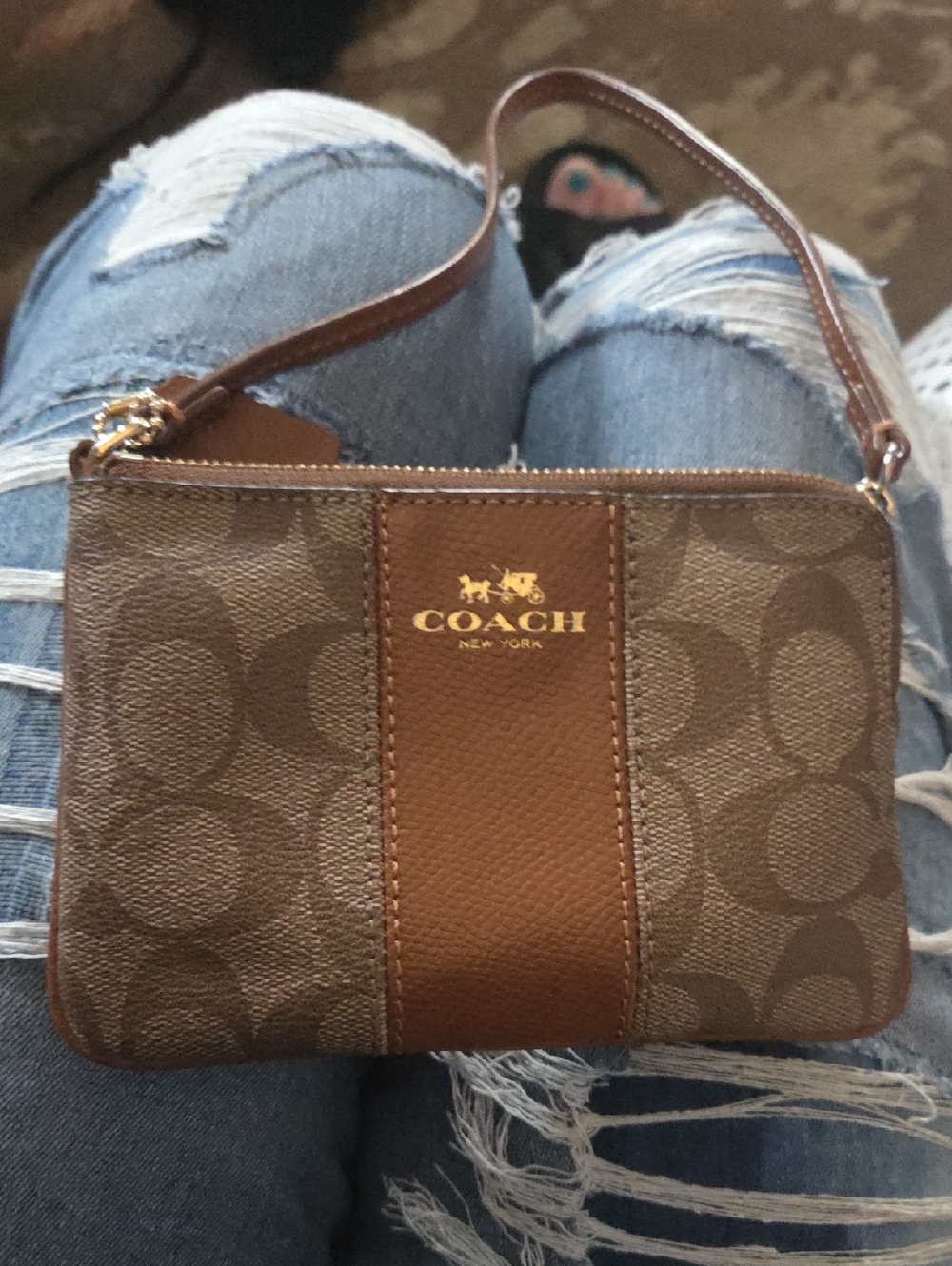 Coach Brown Signature Canvas Wristlet with Leather Trim